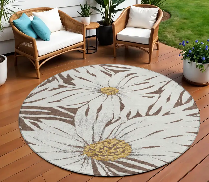 8' Brown Ivory And Gold Round Floral Washable Indoor Outdoor Area Rug Photo 1