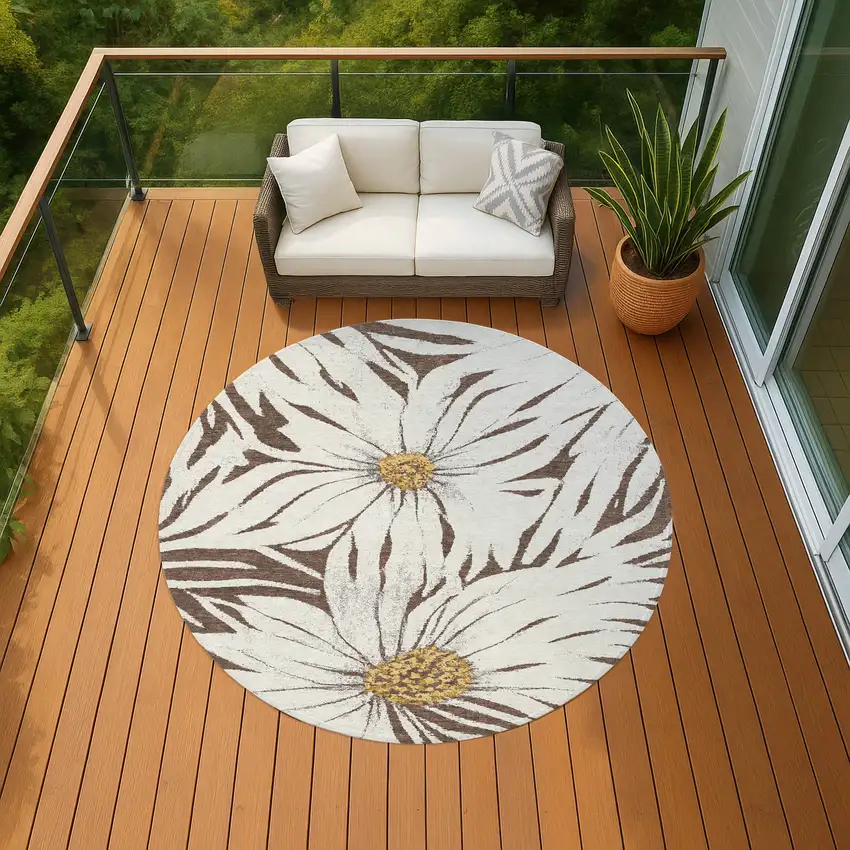 8' Brown Ivory And Gold Round Floral Washable Indoor Outdoor Area Rug Photo 7