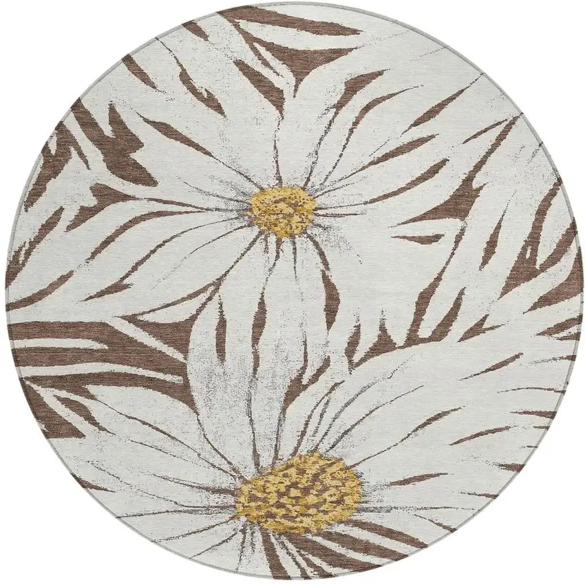 8' Brown Ivory And Gold Round Floral Washable Indoor Outdoor Area Rug Photo 4