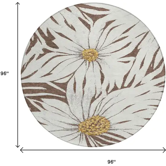 8' Brown Ivory And Gold Round Floral Washable Indoor Outdoor Area Rug Photo 3