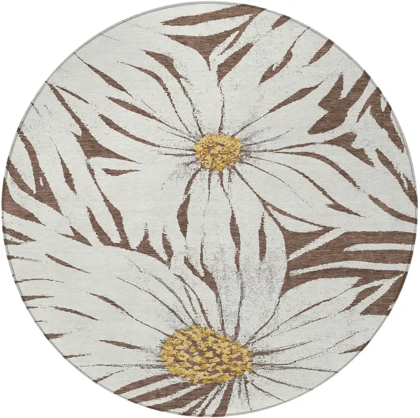8' Brown Ivory And Gold Round Floral Washable Indoor Outdoor Area Rug Photo 5