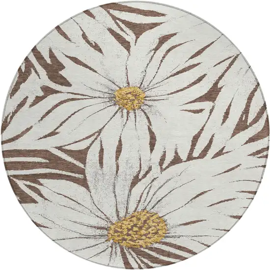 8' Brown Ivory And Gold Round Floral Washable Indoor Outdoor Area Rug Photo 2