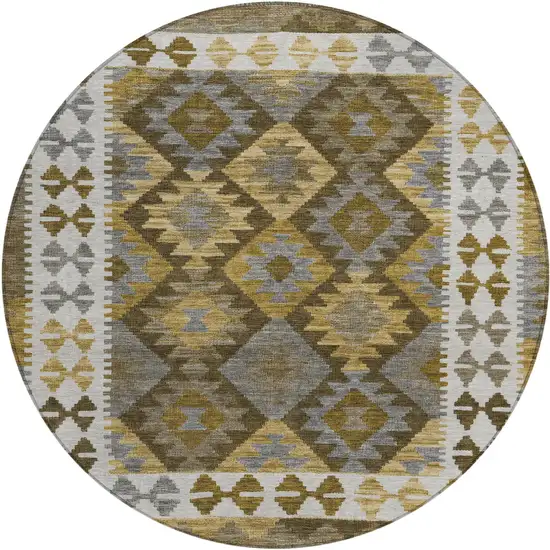 8' Brown Ivory And Gold Round Tribal Washable Indoor Outdoor Area Rug Photo 1