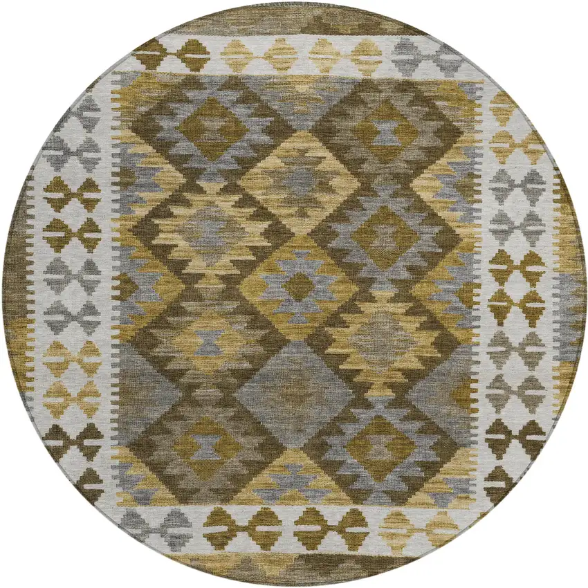 8' Brown Ivory And Gold Round Tribal Washable Indoor Outdoor Area Rug Photo 1