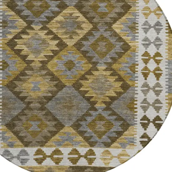 8' Brown Ivory And Gold Round Tribal Washable Indoor Outdoor Area Rug Photo 9