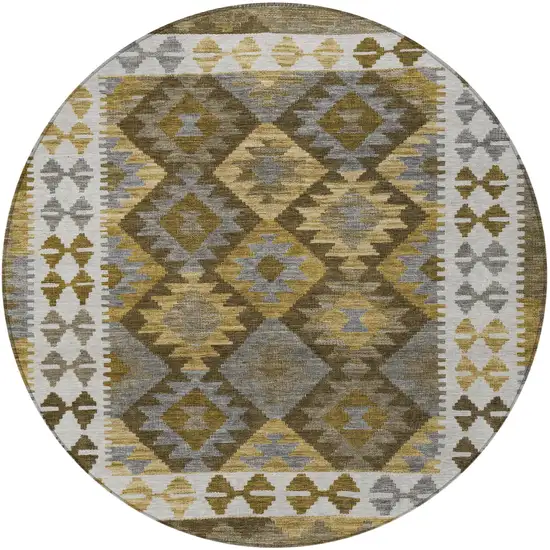 8' Brown Ivory And Gold Round Tribal Washable Indoor Outdoor Area Rug Photo 3