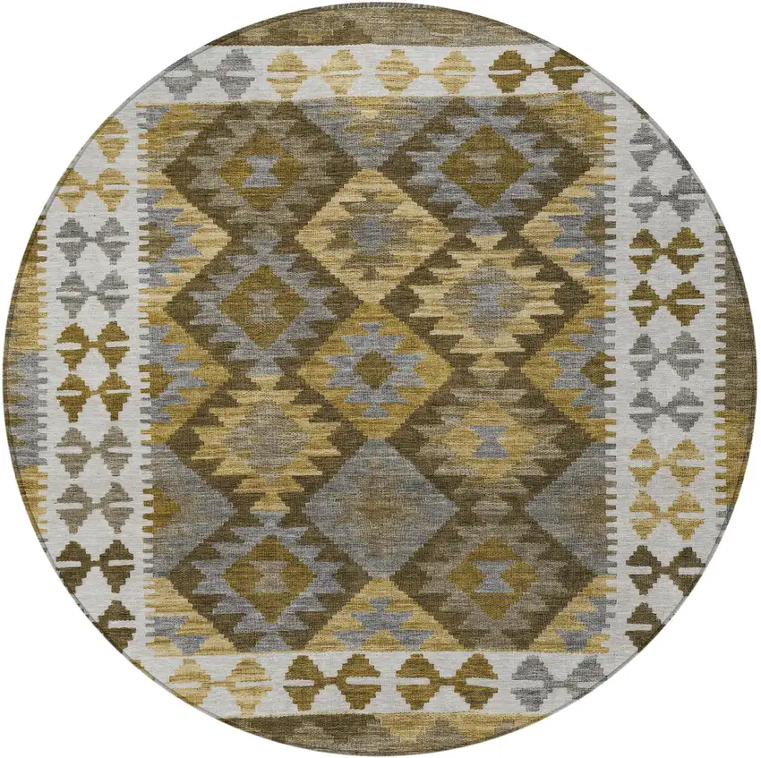 8' Brown Ivory And Gold Round Tribal Washable Indoor Outdoor Area Rug Photo 3