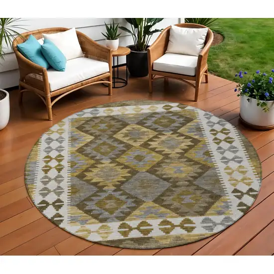 8' Brown Ivory And Gold Round Tribal Washable Indoor Outdoor Area Rug Photo 2