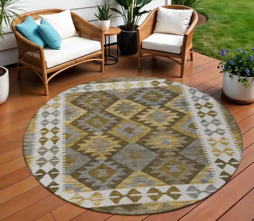 8' Brown Ivory And Gold Round Tribal Washable Indoor Outdoor Area Rug Photo 2
