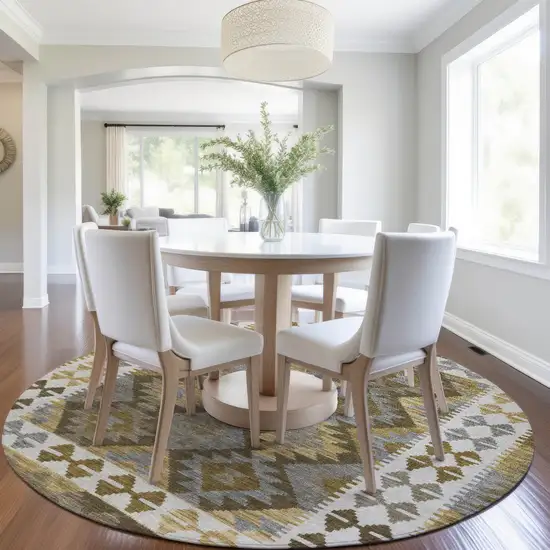 8' Brown Ivory And Gold Round Tribal Washable Indoor Outdoor Area Rug Photo 6