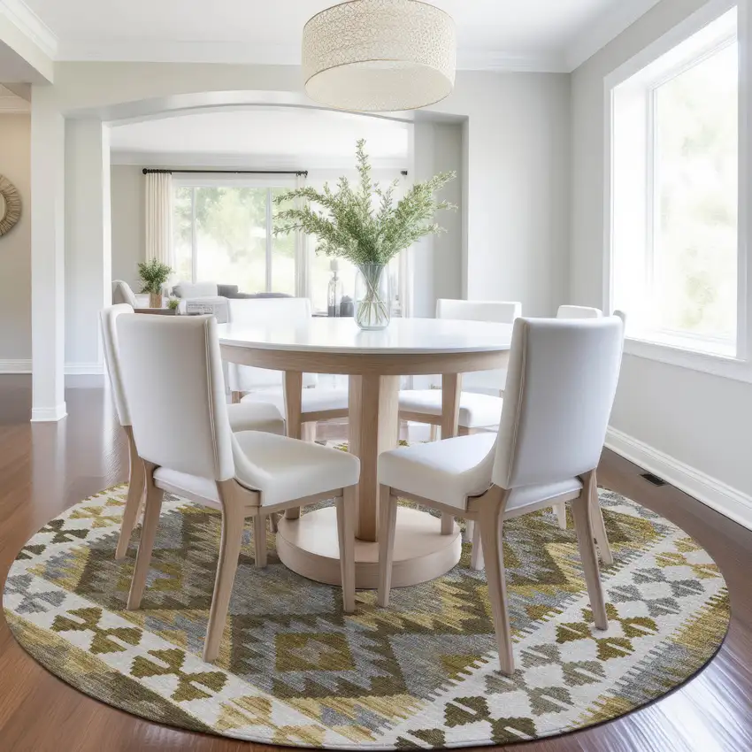 8' Brown Ivory And Gold Round Tribal Washable Indoor Outdoor Area Rug Photo 6