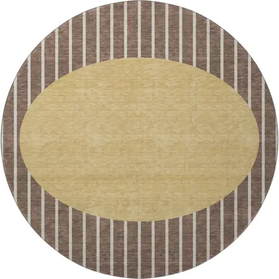 8' Brown Ivory And Gold Striped Washable Round Rug With UV Protection Photo 3