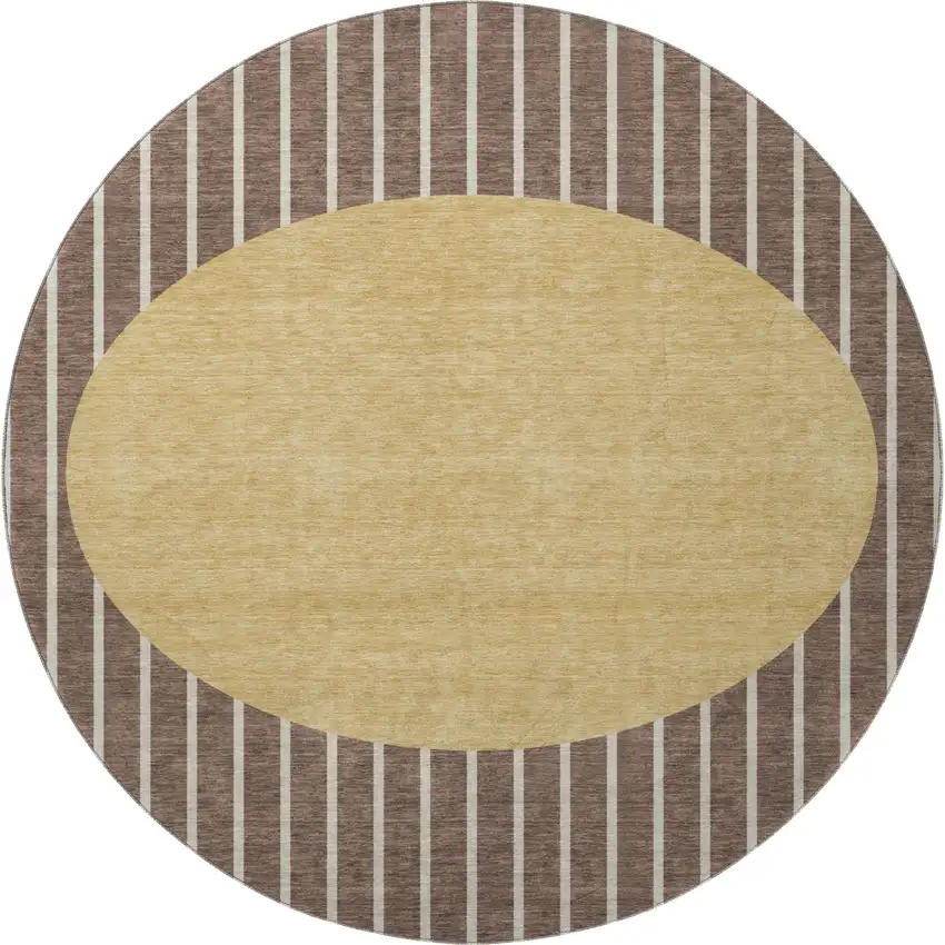 8' Brown Ivory And Gold Striped Washable Round Rug With UV Protection Photo 3