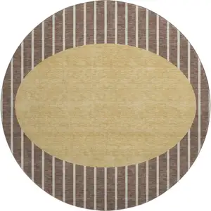 Photo of 8' Brown Ivory And Gold Striped Washable Round Rug With UV Protection