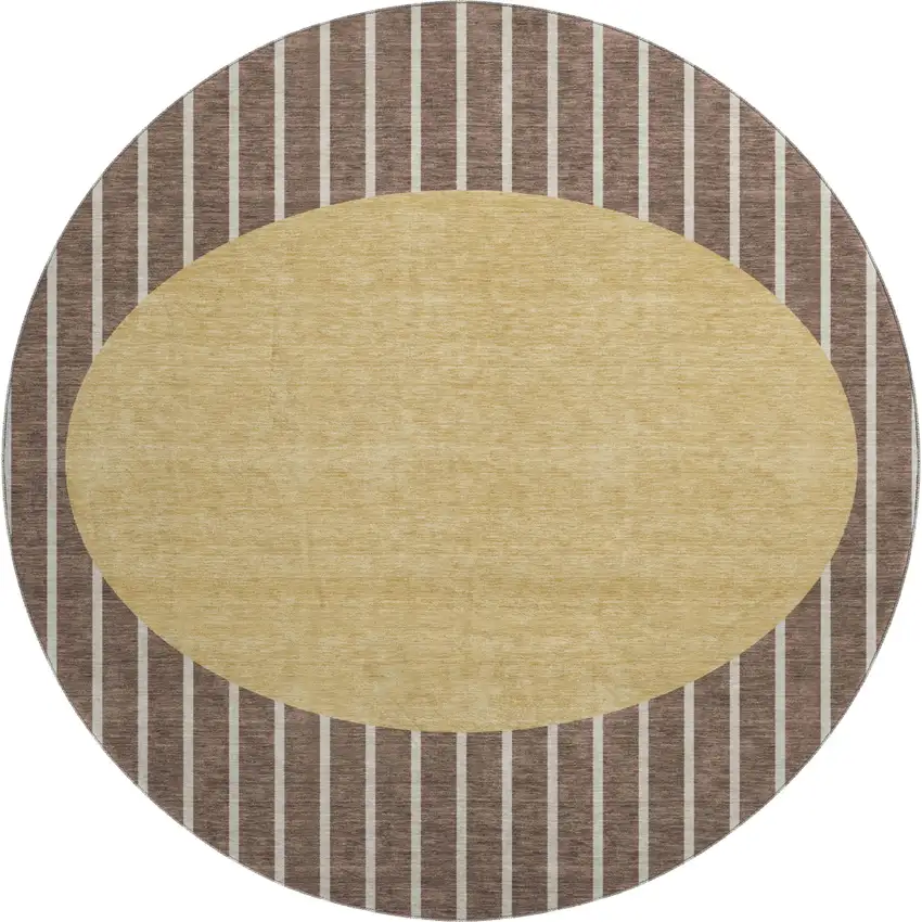 8' Brown Ivory And Gold Striped Washable Round Rug With UV Protection Photo 1