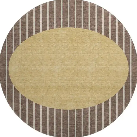8' Brown Ivory And Gold Striped Washable Round Rug With UV Protection Photo 2