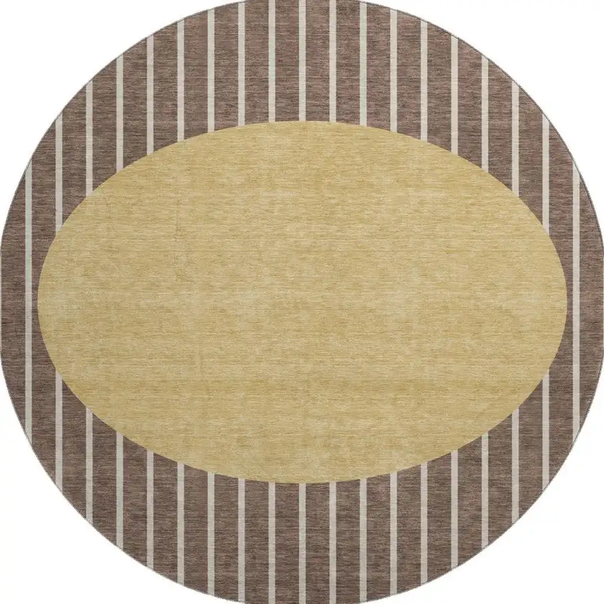 8' Brown Ivory And Gold Striped Washable Round Rug With UV Protection Photo 2