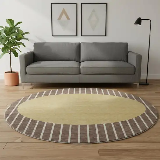 8' Brown Ivory And Gold Striped Washable Round Rug With UV Protection Photo 2