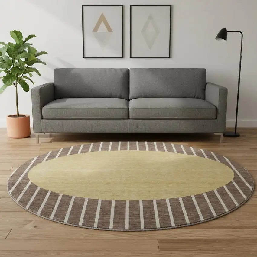 8' Brown Ivory And Gold Striped Washable Round Rug With UV Protection Photo 2