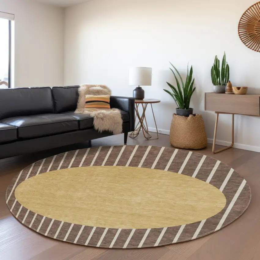 8' Brown Ivory And Gold Striped Washable Round Rug With UV Protection Photo 4