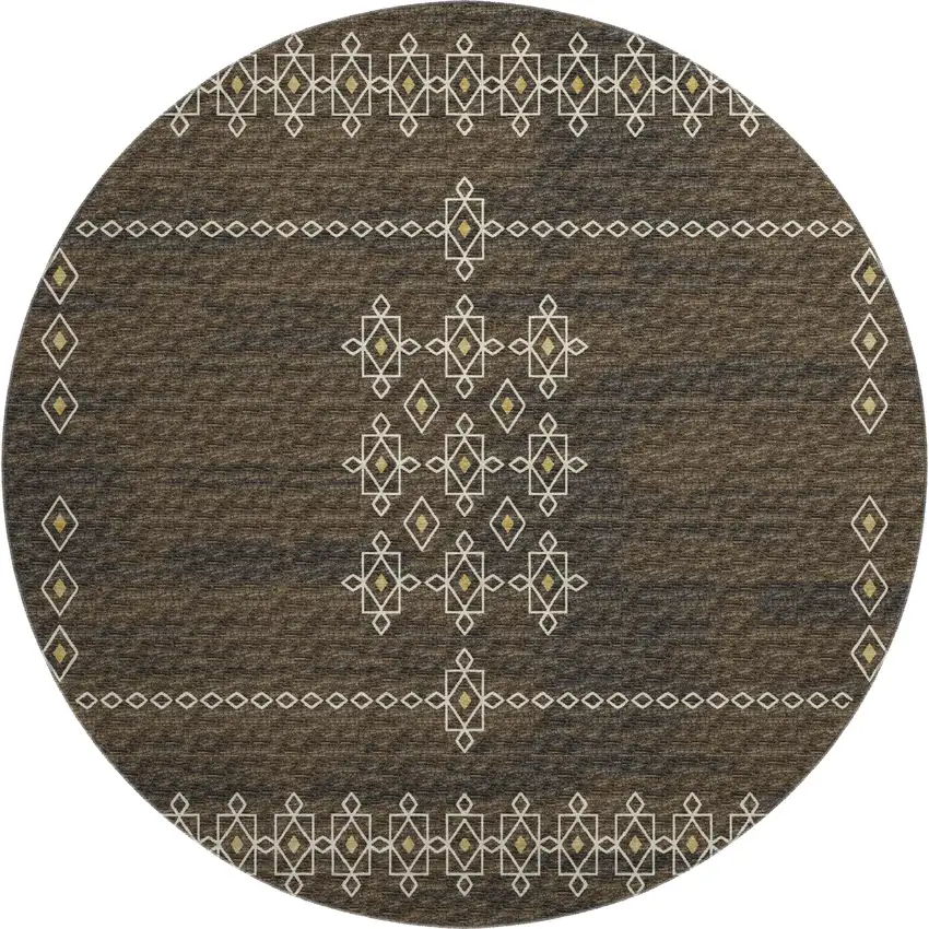 8' Brown Ivory And Gold Tribal Washable Round Rug With UV Protection Photo 2