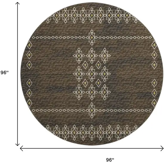 8' Brown Ivory And Gold Tribal Washable Round Rug With UV Protection Photo 3