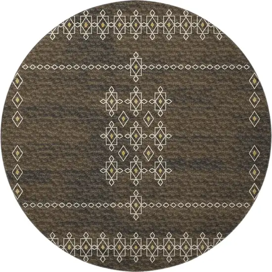 8' Brown Ivory And Gold Tribal Washable Round Rug With UV Protection Photo 4
