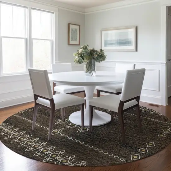 8' Brown Ivory And Gold Tribal Washable Round Rug With UV Protection Photo 5