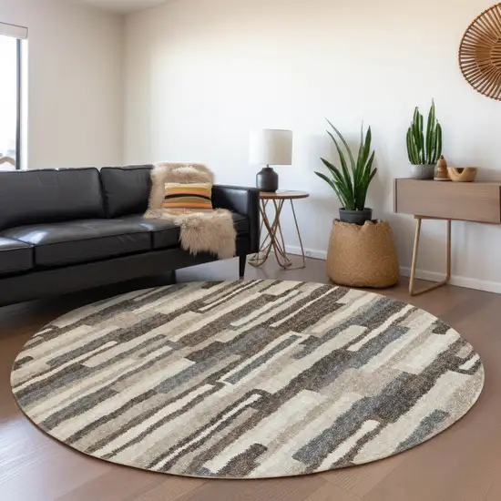 8' Brown Ivory And Gray Abstract Washable Round Rug With UV Protection Photo 6