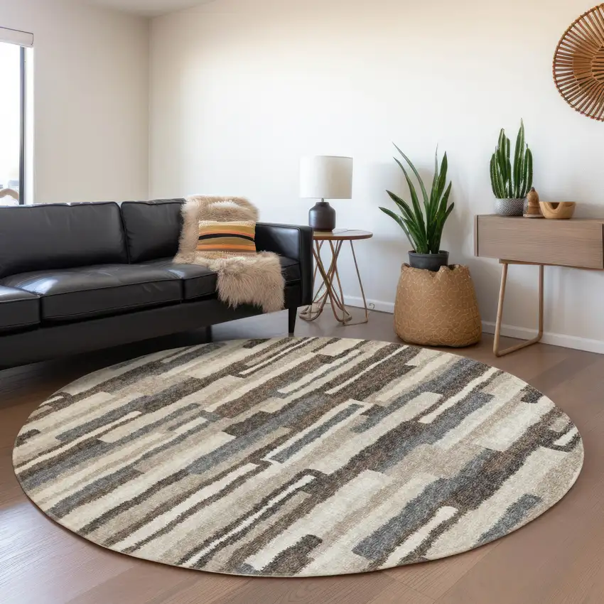 8' Brown Ivory And Gray Abstract Washable Round Rug With UV Protection Photo 6