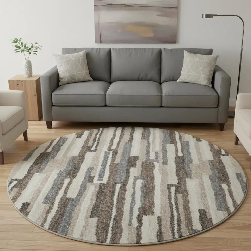 8' Brown Ivory And Gray Abstract Washable Round Rug With UV Protection Photo 1