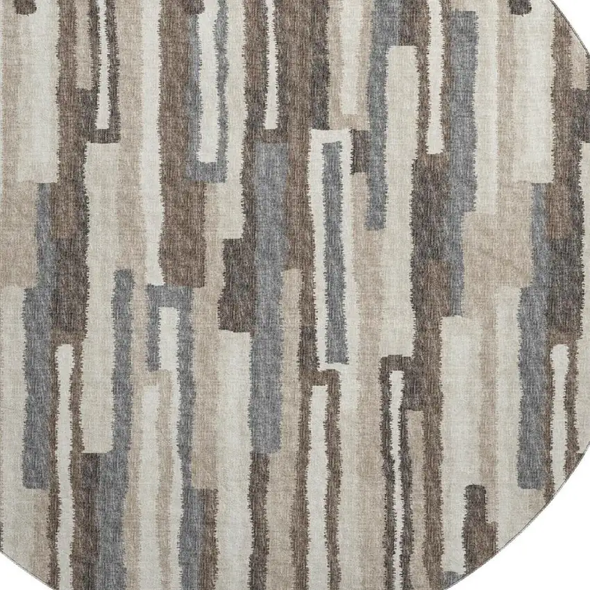 8' Brown Ivory And Gray Abstract Washable Round Rug With UV Protection Photo 4