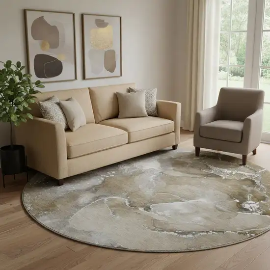 8' Brown Ivory And Gray Abstract Washable Round Rug With UV Protection Photo 1