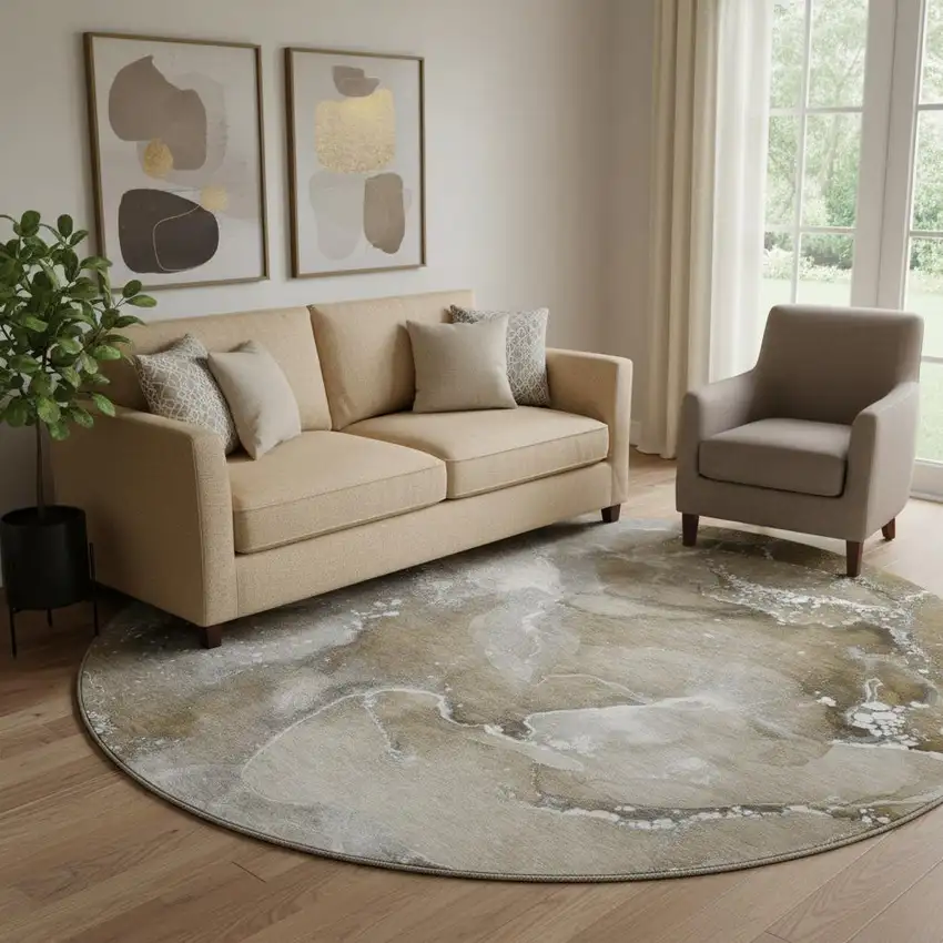 8' Brown Ivory And Gray Abstract Washable Round Rug With UV Protection Photo 1