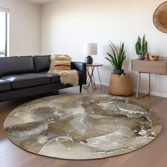8' Brown Ivory And Gray Abstract Washable Round Rug With UV Protection Photo 4