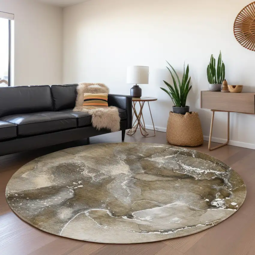 8' Brown Ivory And Gray Abstract Washable Round Rug With UV Protection Photo 4