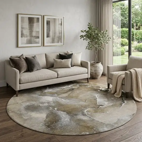 8' Brown Ivory And Gray Abstract Washable Round Rug With UV Protection Photo 1