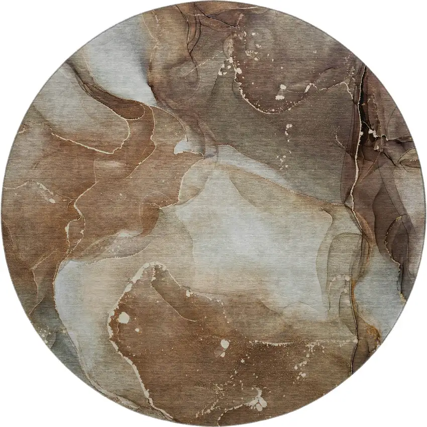 8' Brown Ivory And Gray Abstract Washable Round Rug With UV Protection Photo 6