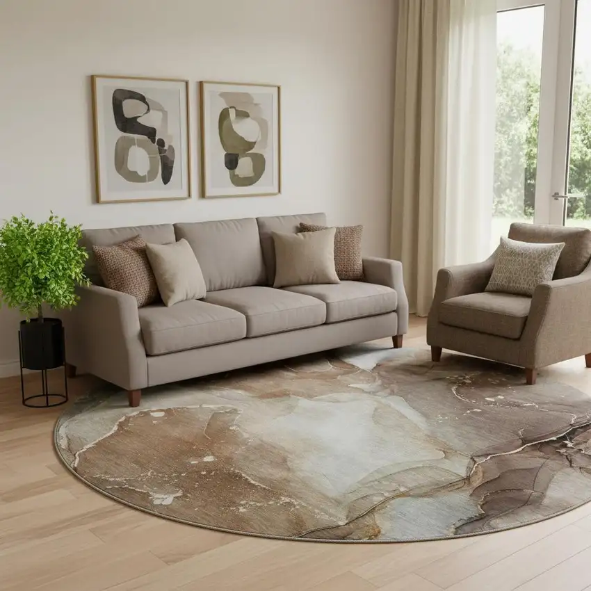 8' Brown Ivory And Gray Abstract Washable Round Rug With UV Protection Photo 1