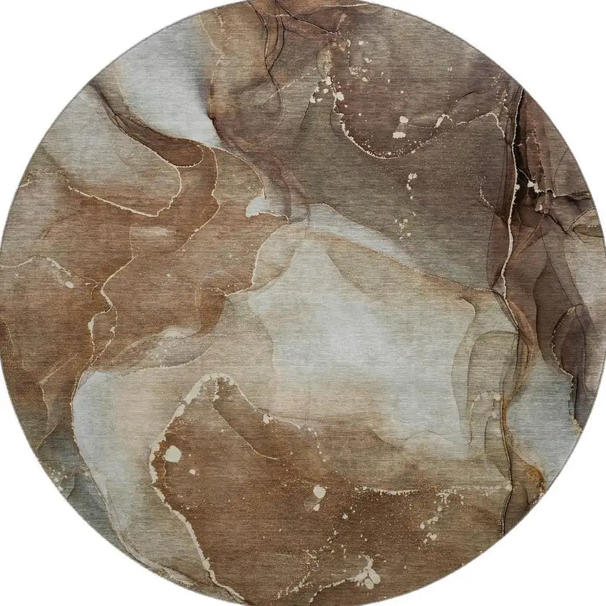 8' Brown Ivory And Gray Abstract Washable Round Rug With UV Protection Photo 1