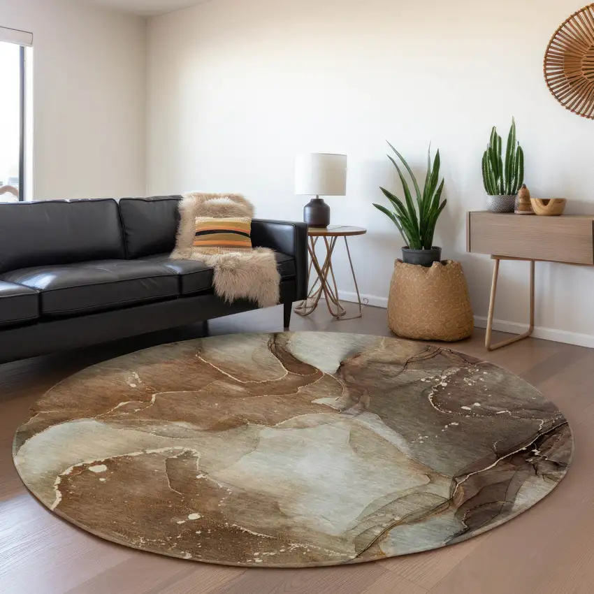 8' Brown Ivory And Gray Abstract Washable Round Rug With UV Protection Photo 4