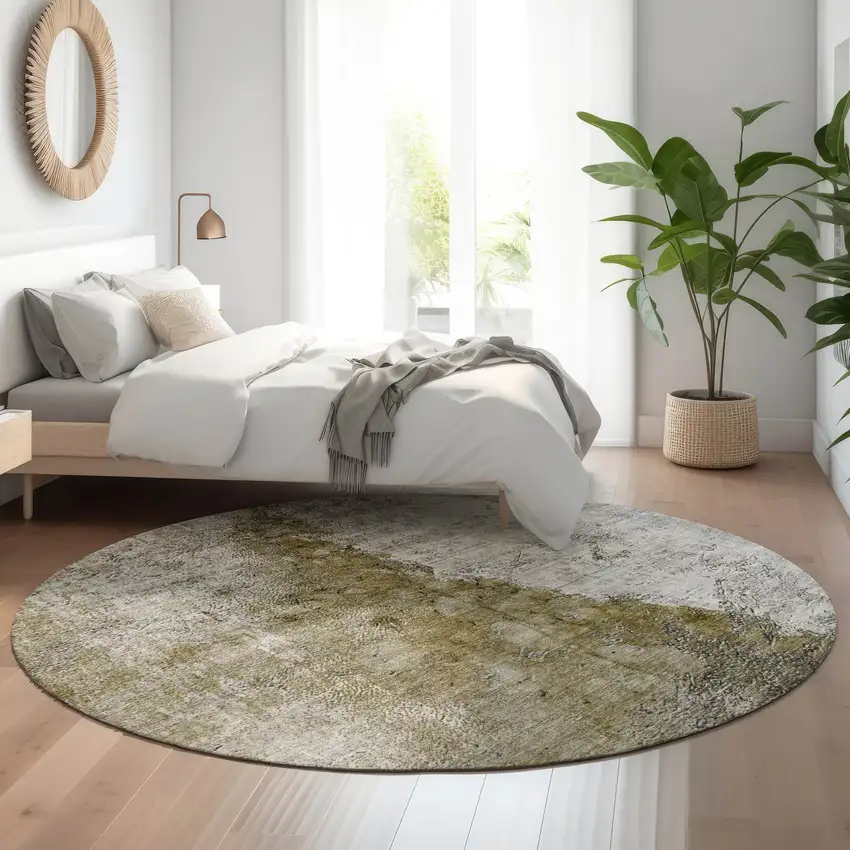 8' Brown Ivory And Gray Abstract Washable Round Rug With UV Protection Photo 5