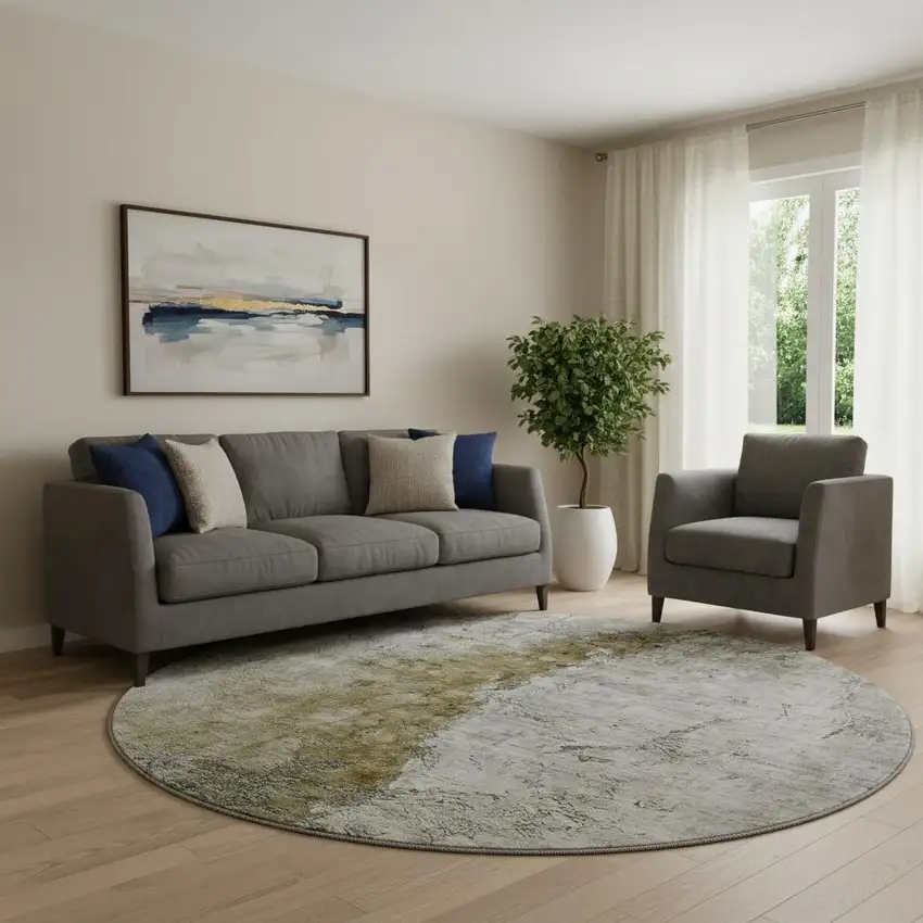 8' Brown Ivory And Gray Abstract Washable Round Rug With UV Protection Photo 1