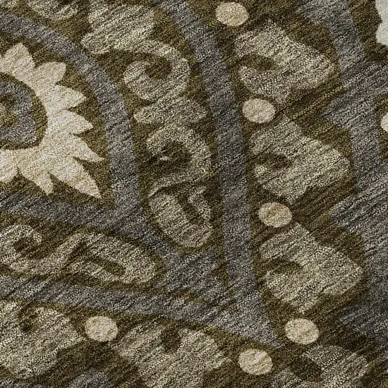 8' Brown Ivory And Gray Diamond Washable Round Rug With UV Protection Photo 9