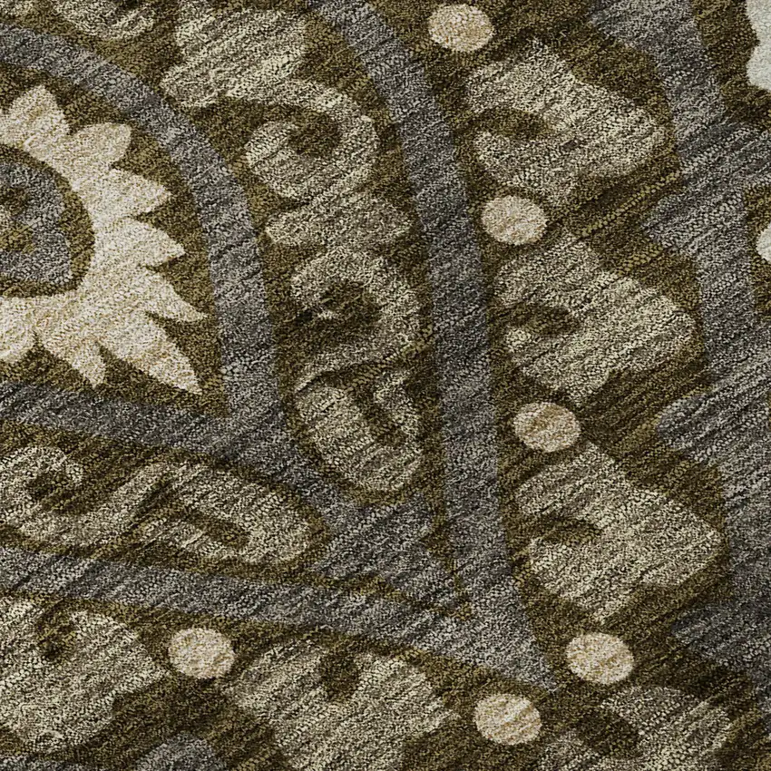 8' Brown Ivory And Gray Diamond Washable Round Rug With UV Protection Photo 9