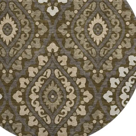 8' Brown Ivory And Gray Diamond Washable Round Rug With UV Protection Photo 3
