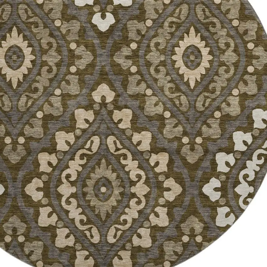 8' Brown Ivory And Gray Diamond Washable Round Rug With UV Protection Photo 3
