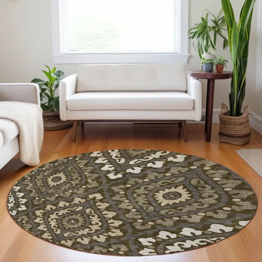 8' Brown Ivory And Gray Diamond Washable Round Rug With UV Protection Photo 5