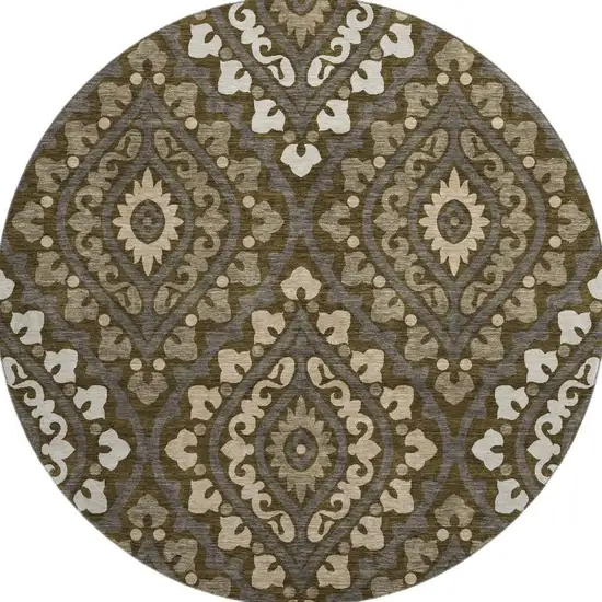 8' Brown Ivory And Gray Diamond Washable Round Rug With UV Protection Photo 4