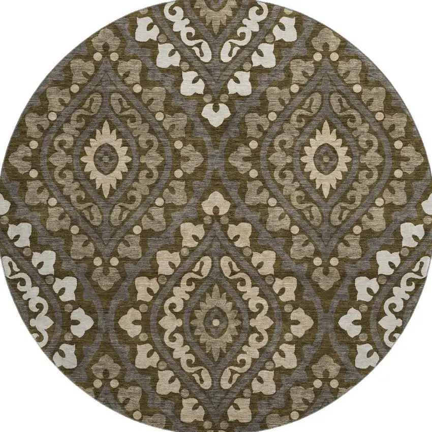 8' Brown Ivory And Gray Diamond Washable Round Rug With UV Protection Photo 4